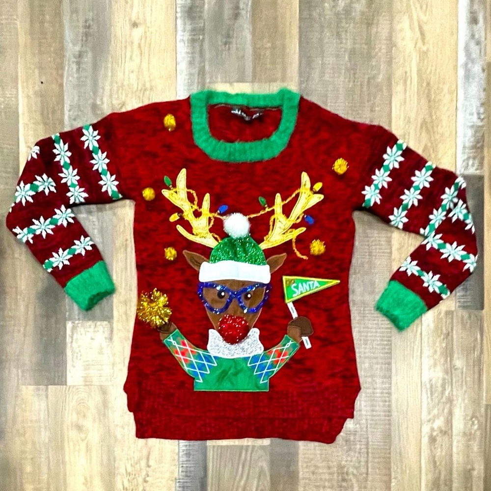 NEW Ugly Christmas Sweater Nerdy Reindeer